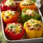 Colorful stuffed bell peppers filled with rice and vegetables.
