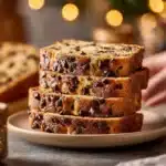 Slice of super moist chocolate chip banana bread on a wooden board