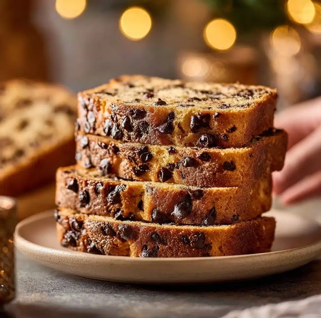 Slice of super moist chocolate chip banana bread on a wooden board