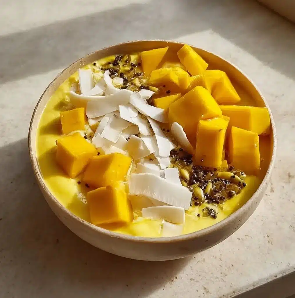 Thick mango smoothie bowl topped with fresh fruits and nuts, no banana