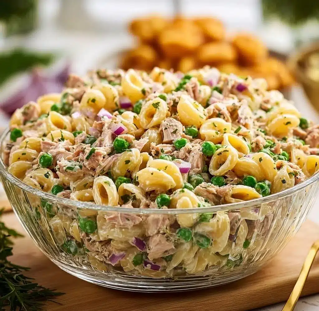 Bowl of fresh Tuna Pasta Salad with vegetables and dressing