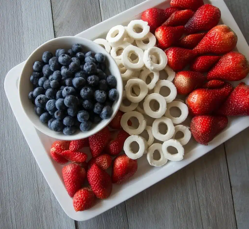 4th of July themed fruit platter arranged to resemble an American flag.