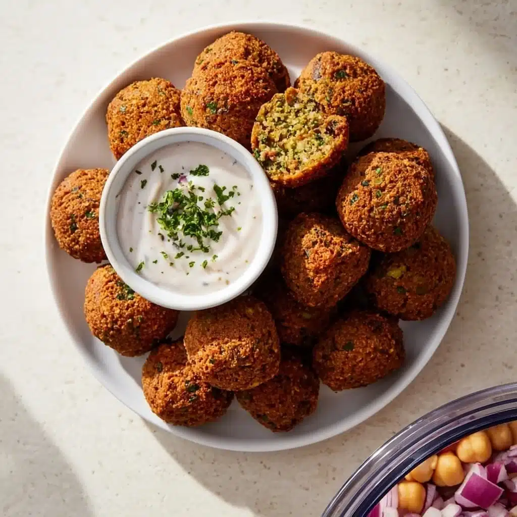 Plate of authentic homemade falafel with fresh vegetables and sauce.