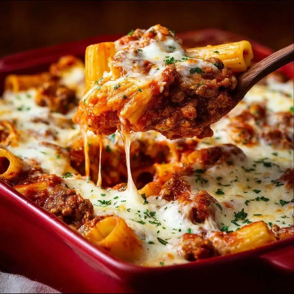 Delicious baked rigatoni served in a dish, topped with cheese and herbs
