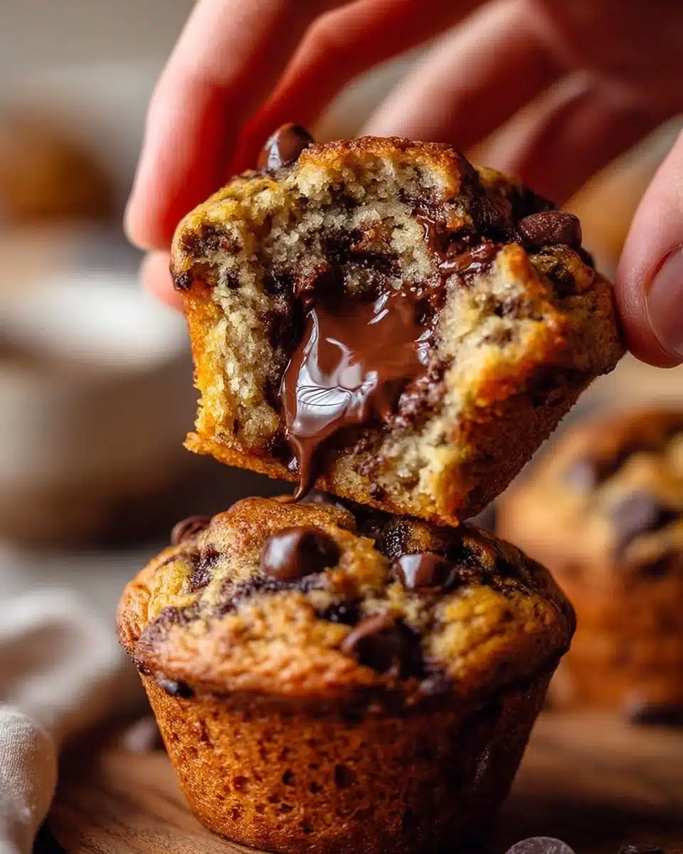 Freshly baked Banana Chocolate Chip Muffins on a cooling rack.