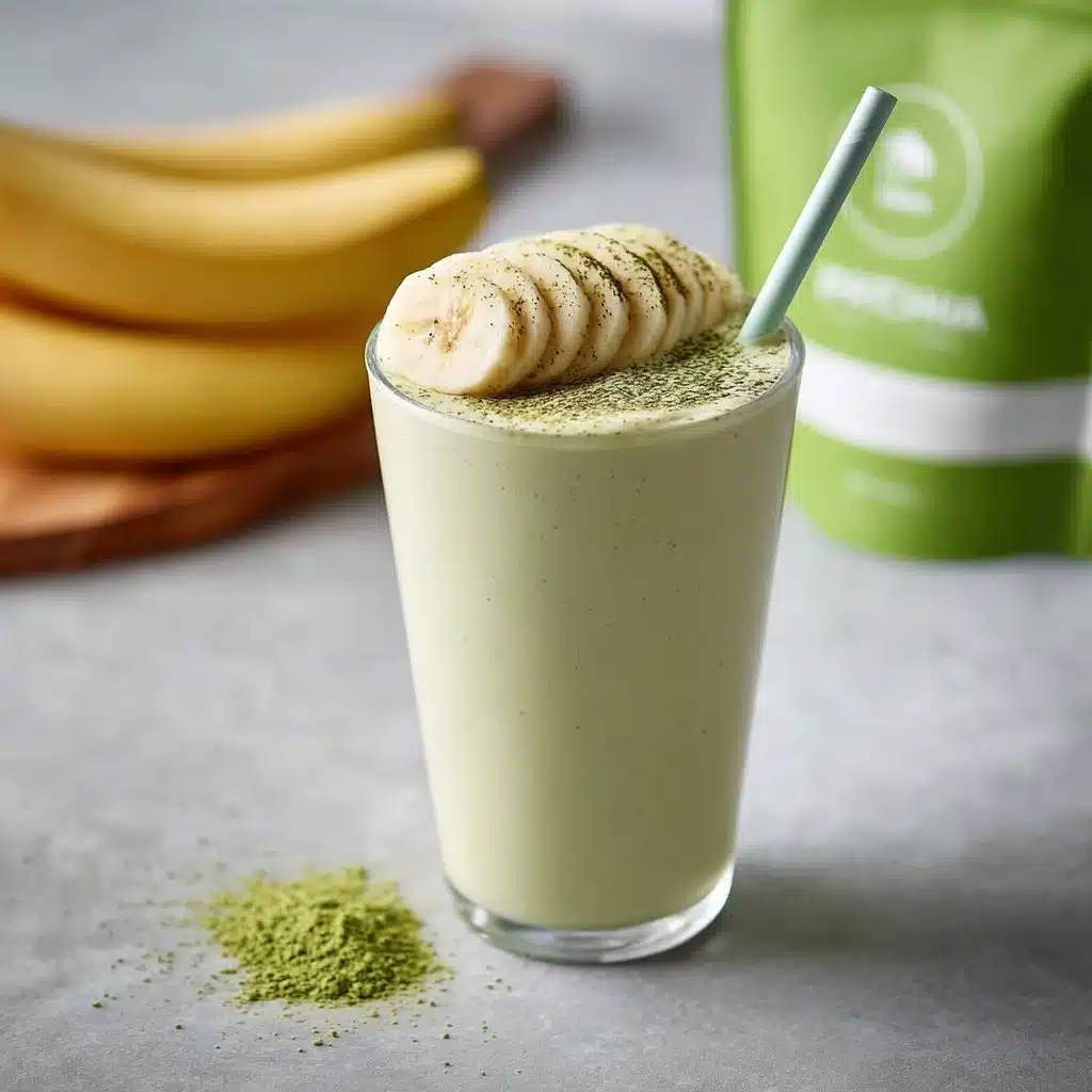 Delicious Banana Matcha Smoothie in a glass garnished with banana slices.