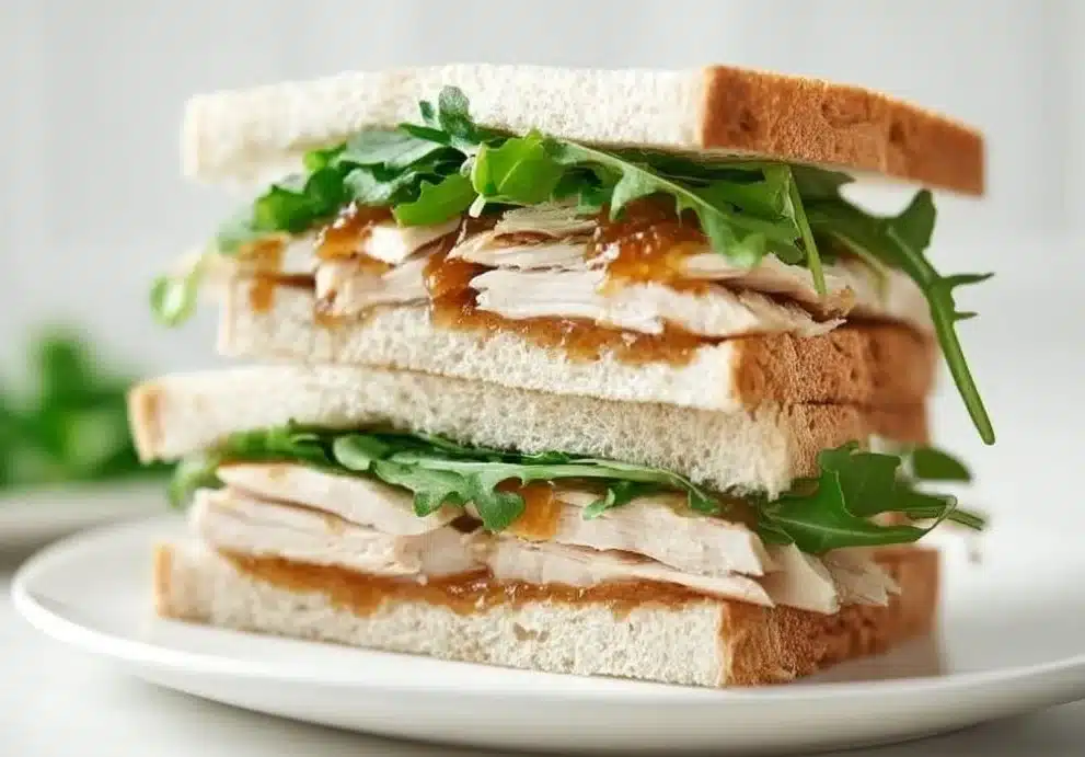 Brie and apricot chicken sandwich with fresh ingredients on a rustic plate