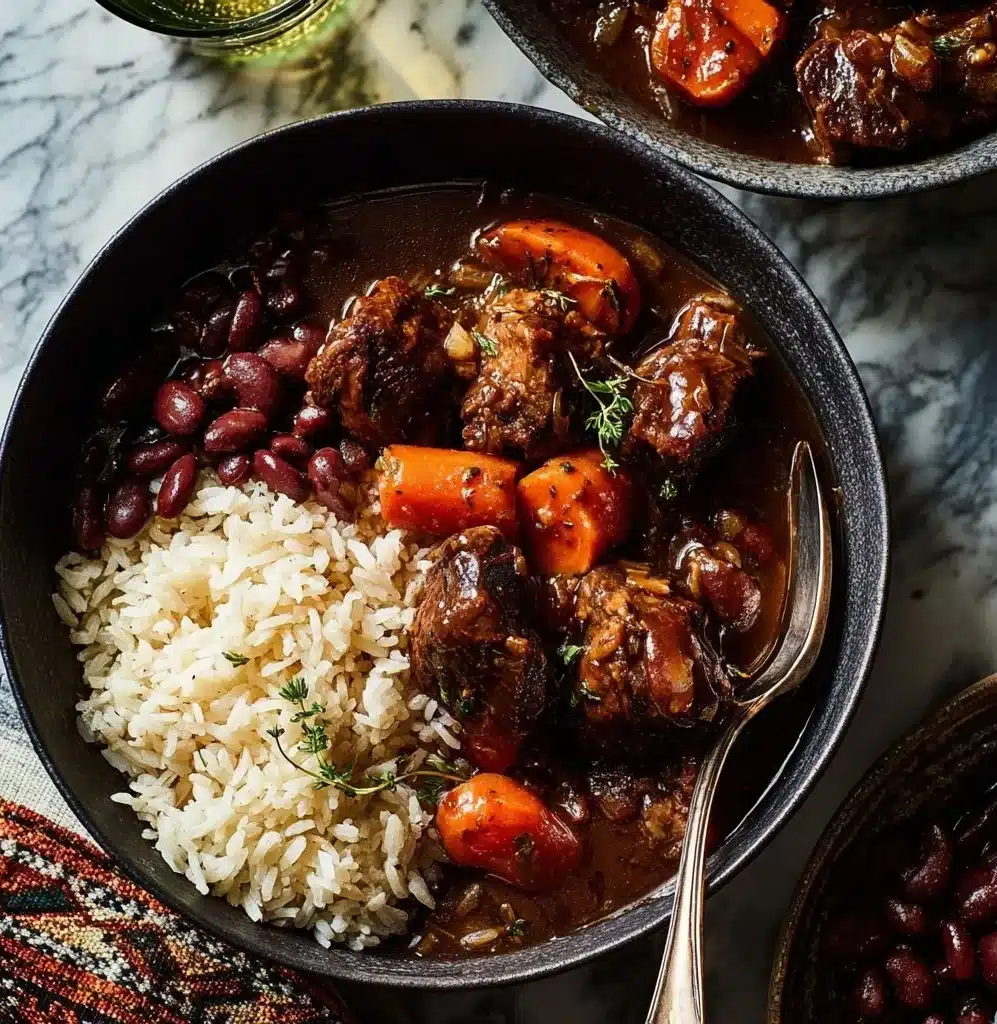 Delicious Brown Stew Chicken served with vegetables and rice