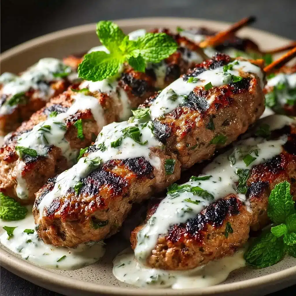 Plate of Chicken Kofta with creamy garlic yogurt sauce drizzled on top