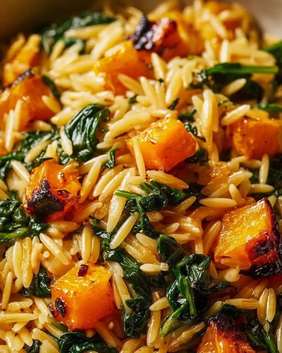 Creamy orzo with roasted butternut squash and spinach in a bowl