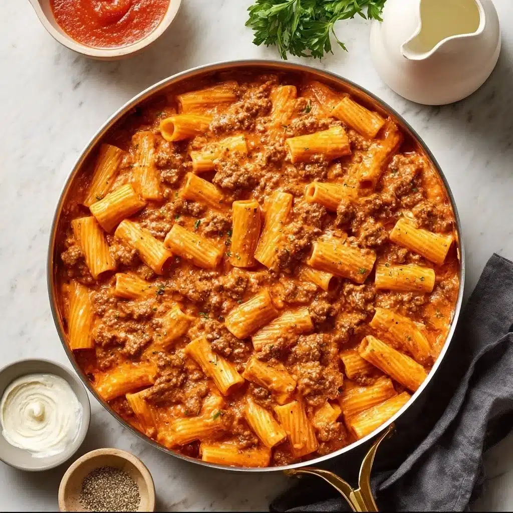 Creamy sausage rigatoni pasta dish in a bowl garnished with herbs