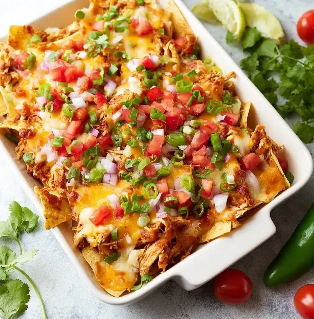 Healthy diabetic-friendly chicken nachos served on a plate with toppings.