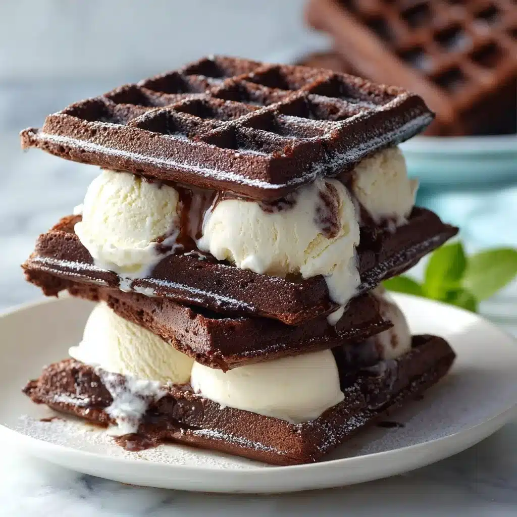 Delicious brownie waffle ice cream sandwiches stacked on a plate