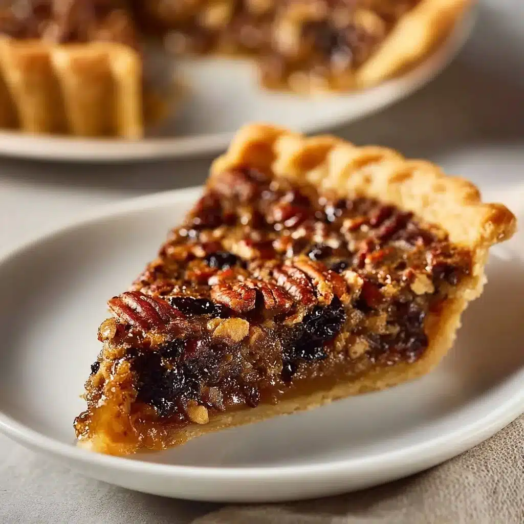 Slice of easy chocolate pecan pie with chocolate drizzle and pecans on top