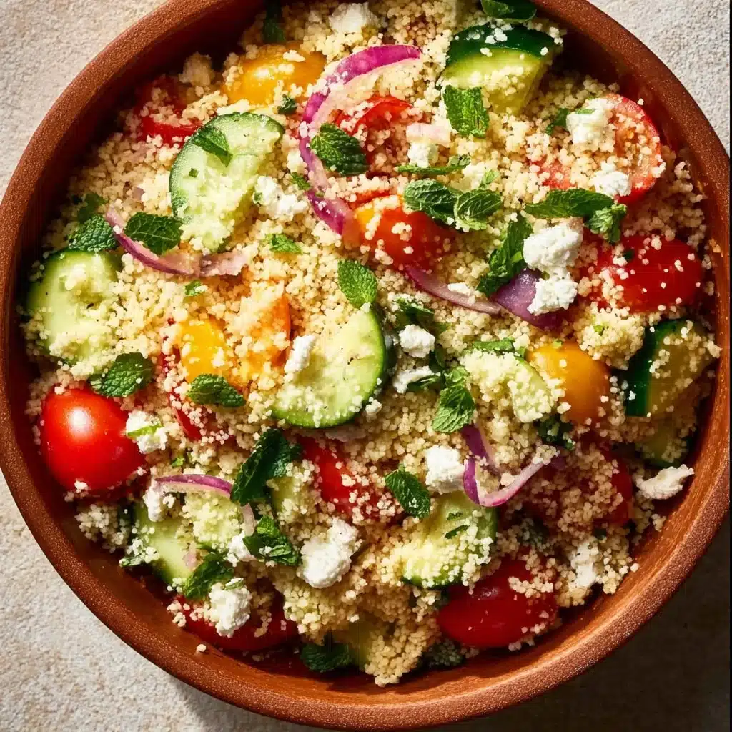Colorful bowl of easy couscous salad with fresh vegetables and herbs