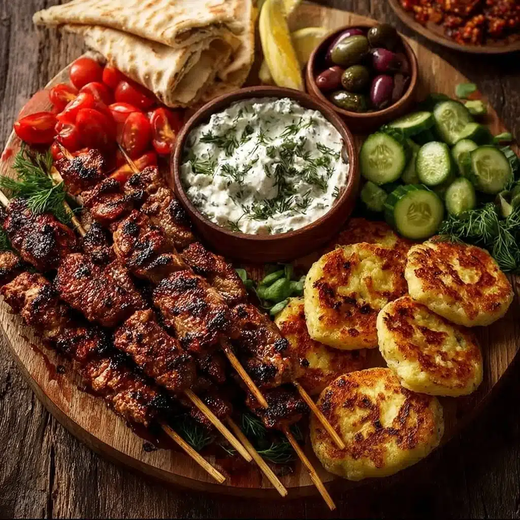 Greek Chicken Souvlaki grazing board with feta dip and fresh vegetables