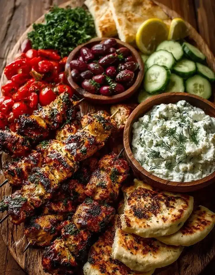Greek Chicken Souvlaki Grazing Board with Feta Dip – A Mediterranean Feast to Share