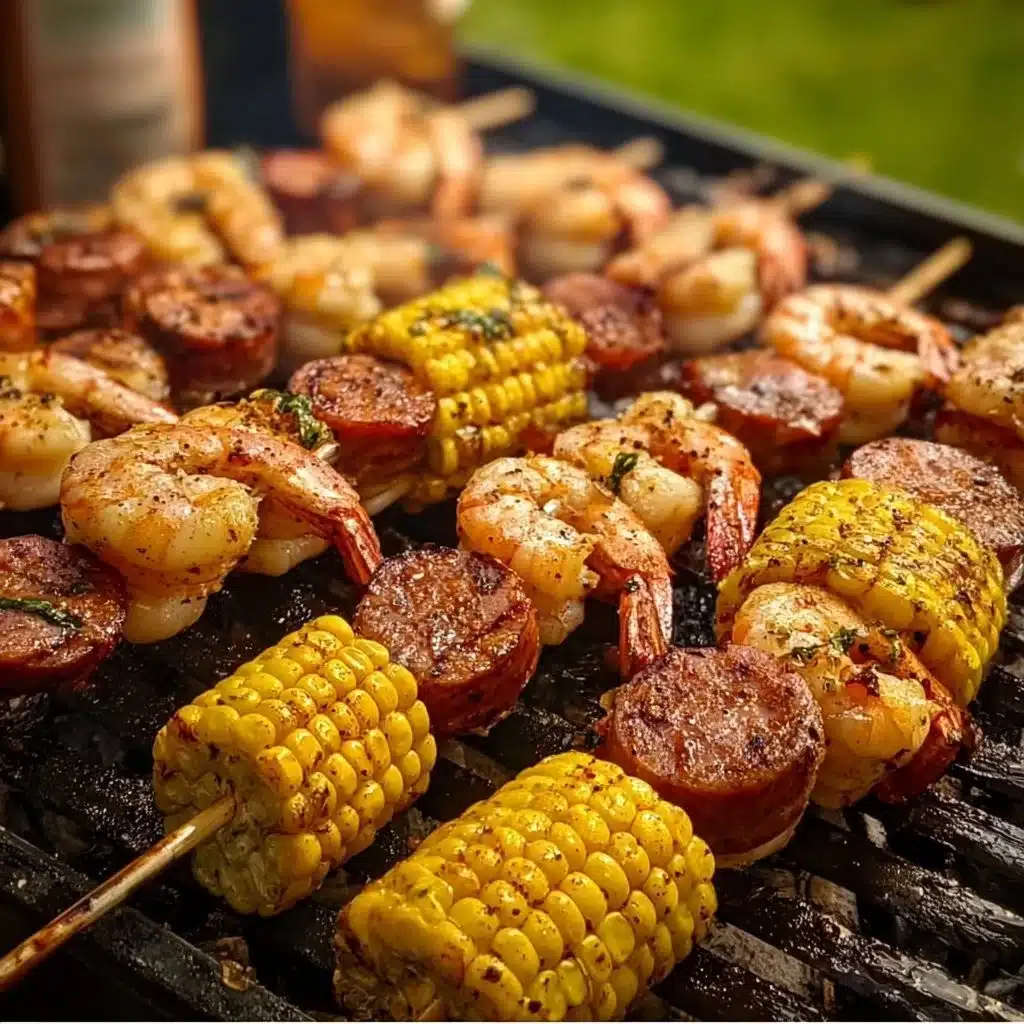 Deliciously grilled seafood skewers with shrimp, fish, and vegetables.