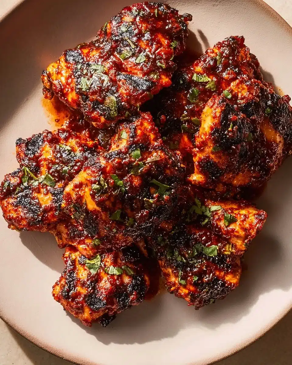 Plate of spicy Harissa Chicken garnished with herbs and spices