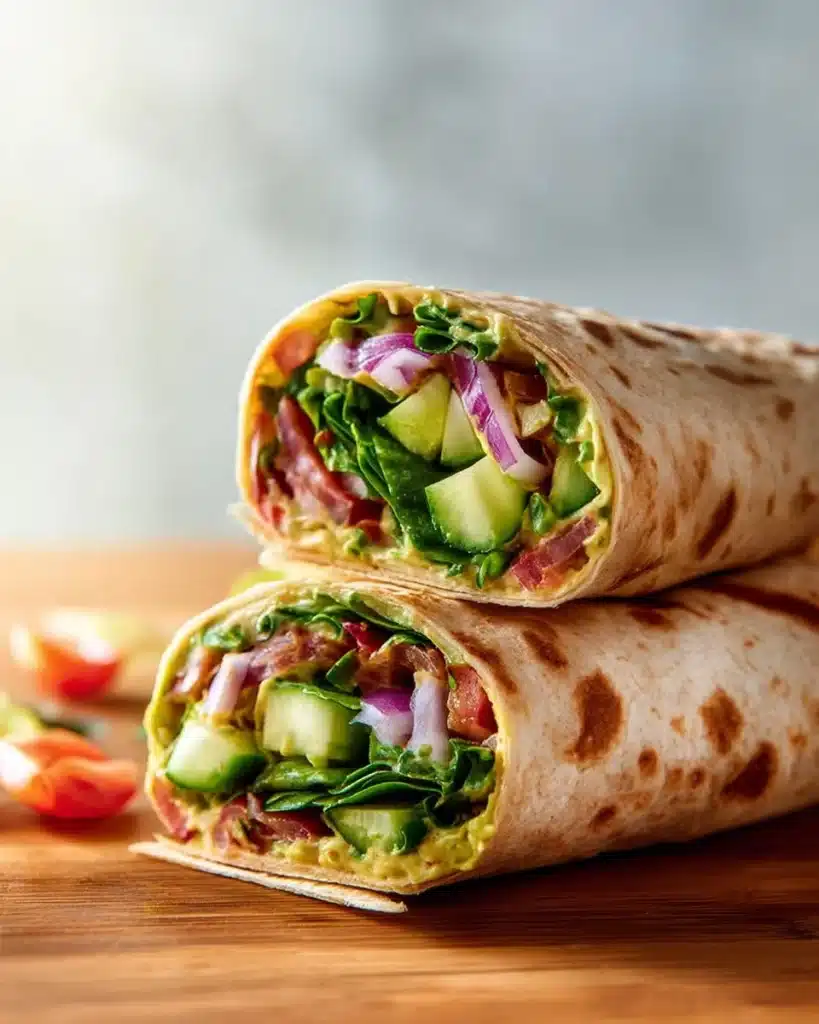 Hummus veggie wraps filled with fresh vegetables and wrapped in a tortilla.