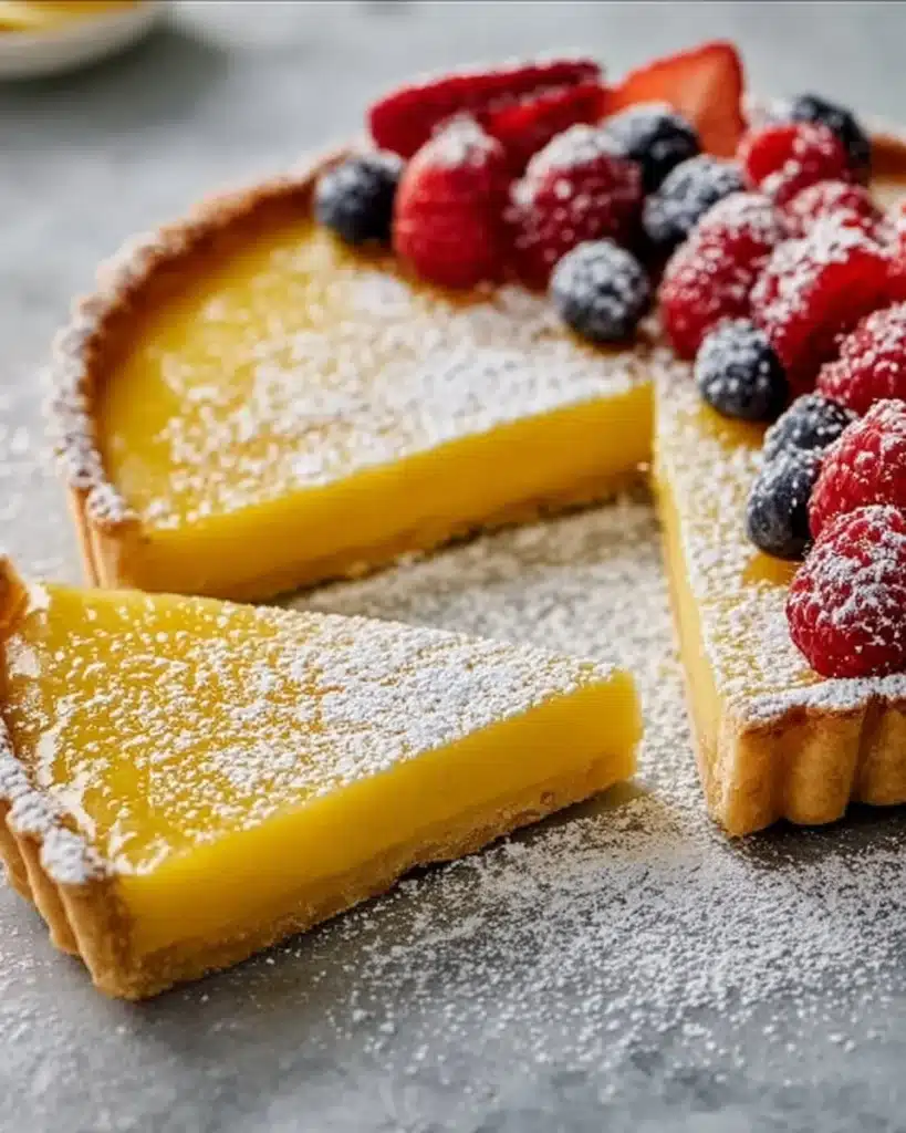 Delicious homemade lemon tart with a golden crust and fresh lemon slices on top.
