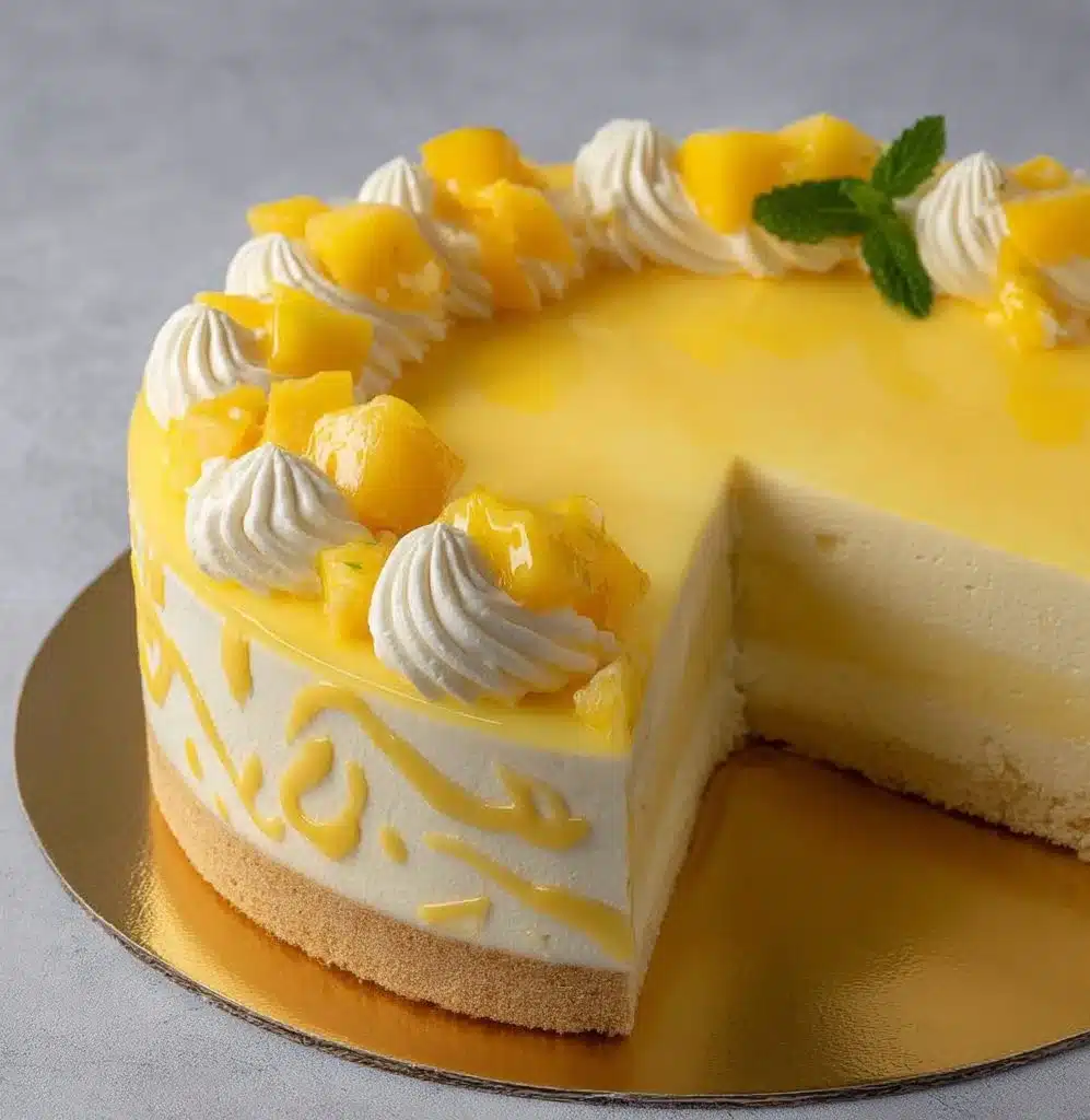 Delicious Mango Mousse Cake with fresh mango and whipped cream layers