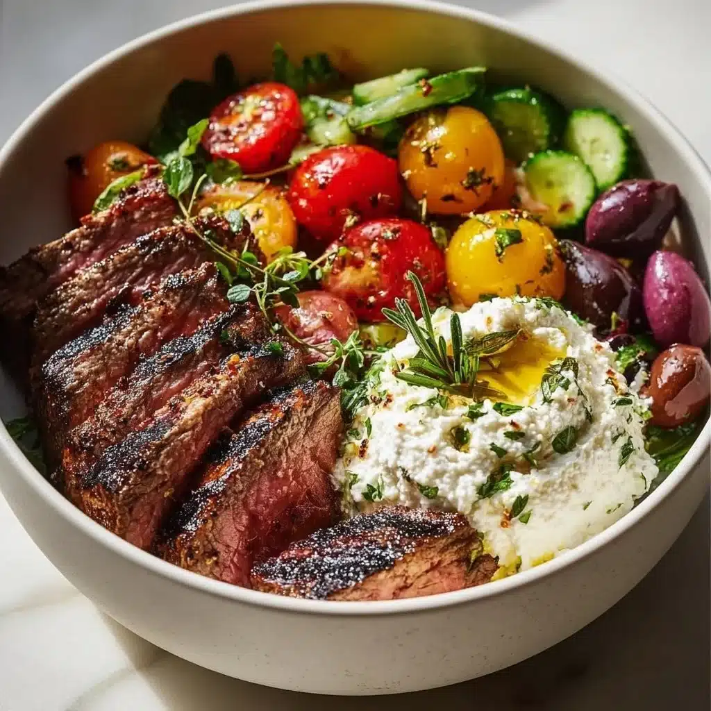 Mediterranean steak bowl with fresh vegetables and herbs