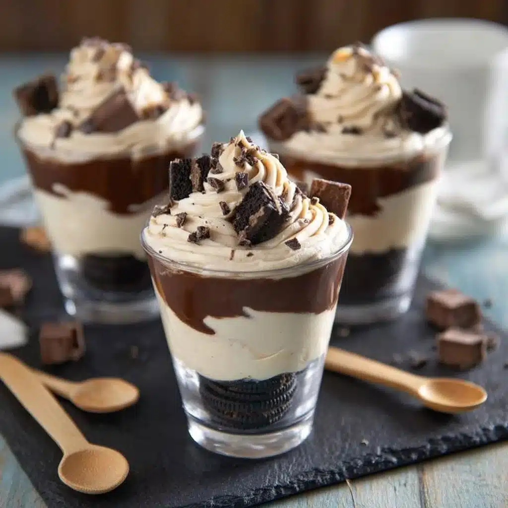 No Bake Peanut Butter Fudge Cheesecake Parfaits with creamy layers and chocolate drizzle