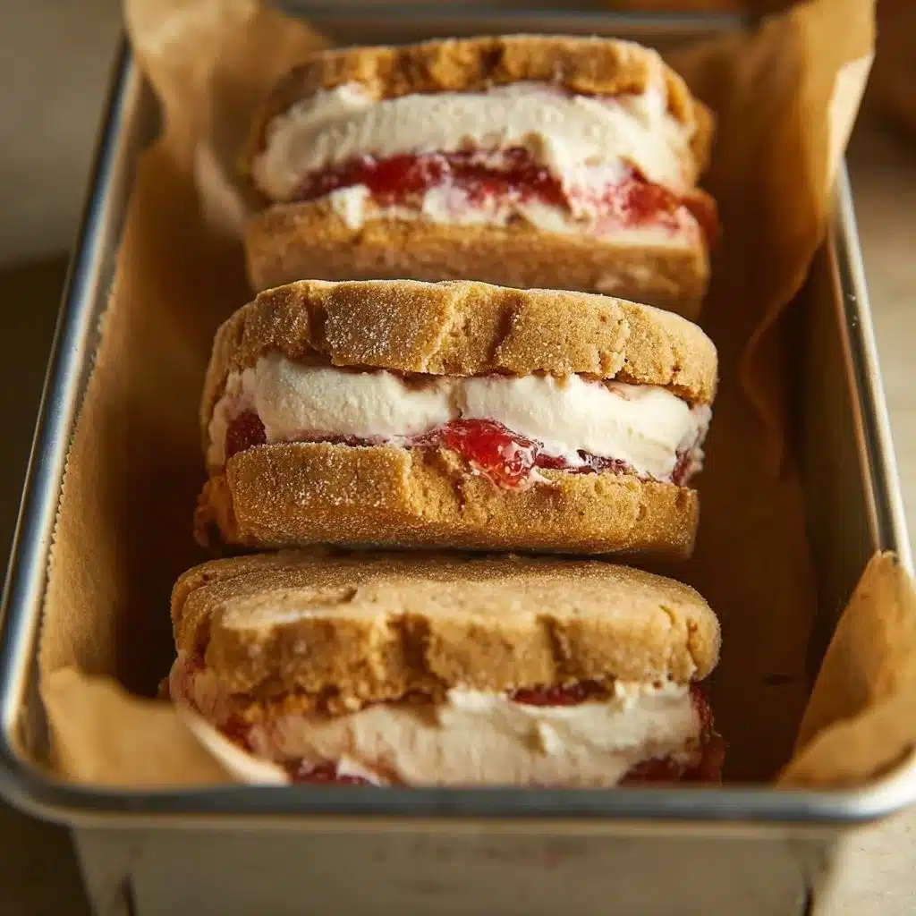 Peanut Butter & Jelly Ice Cream Sandwiches featuring creamy ice cream and tasty cookie layers
