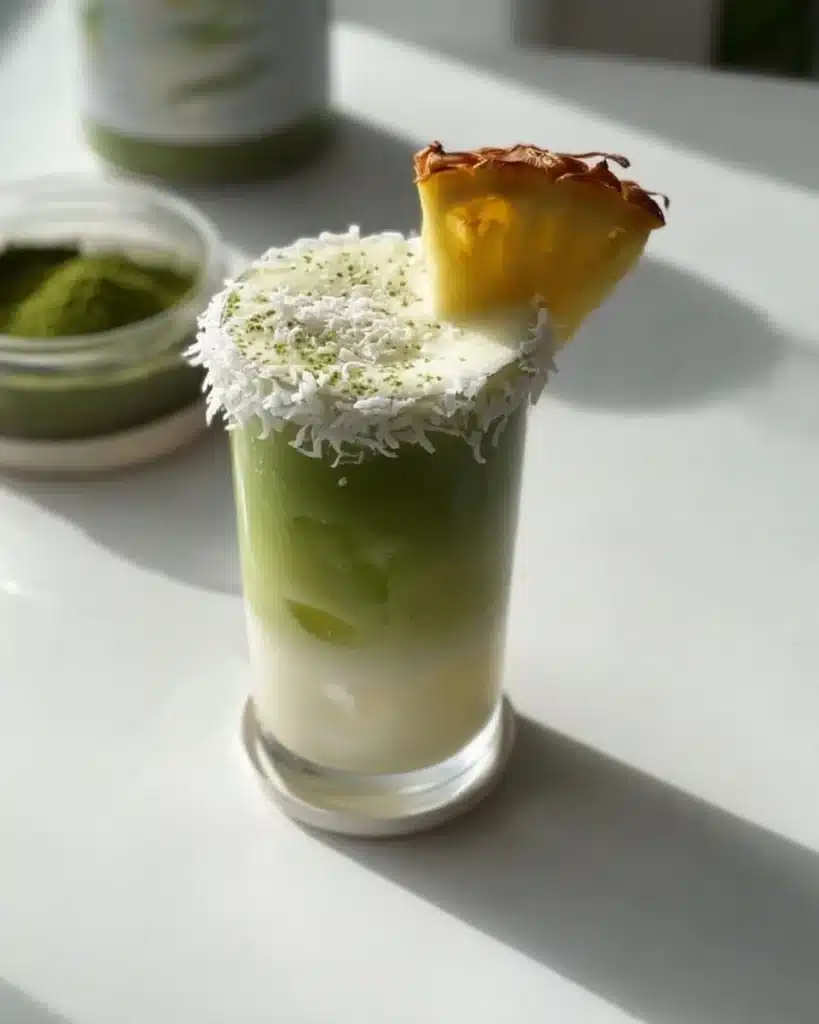 Pineapple Coconut Milk Matcha Latte in a glass with a tropical backdrop