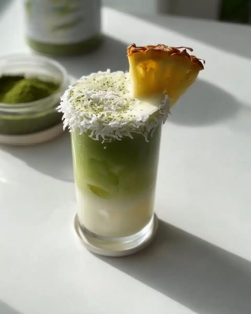 Pineapple Coconut Milk Matcha Latte in a glass with a tropical backdrop