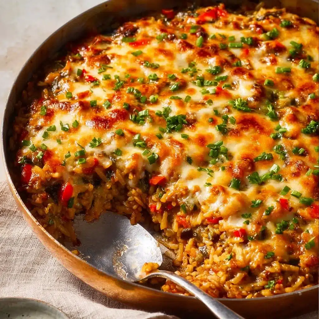 Pioneer Woman stuffed pepper casserole served in a baking dish with colorful peppers and rice.