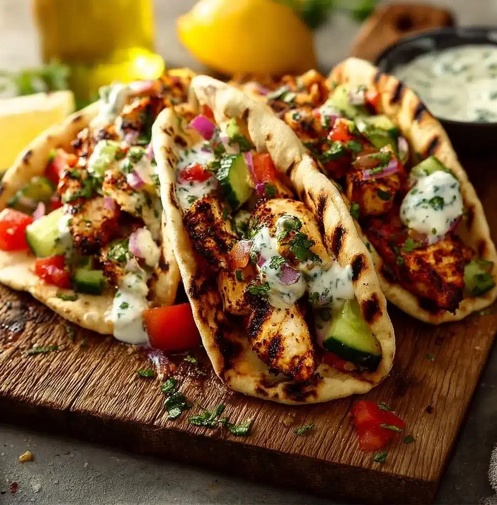 Delicious Mediterranean chicken tacos topped with fresh ingredients