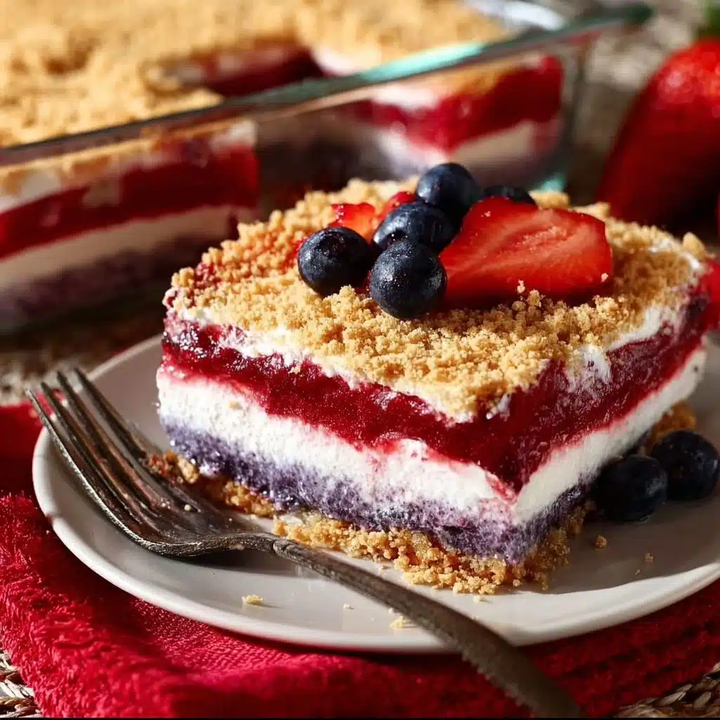 Delicious Red White & Blue Mixed Berry Yum Yum dessert with fresh berries.