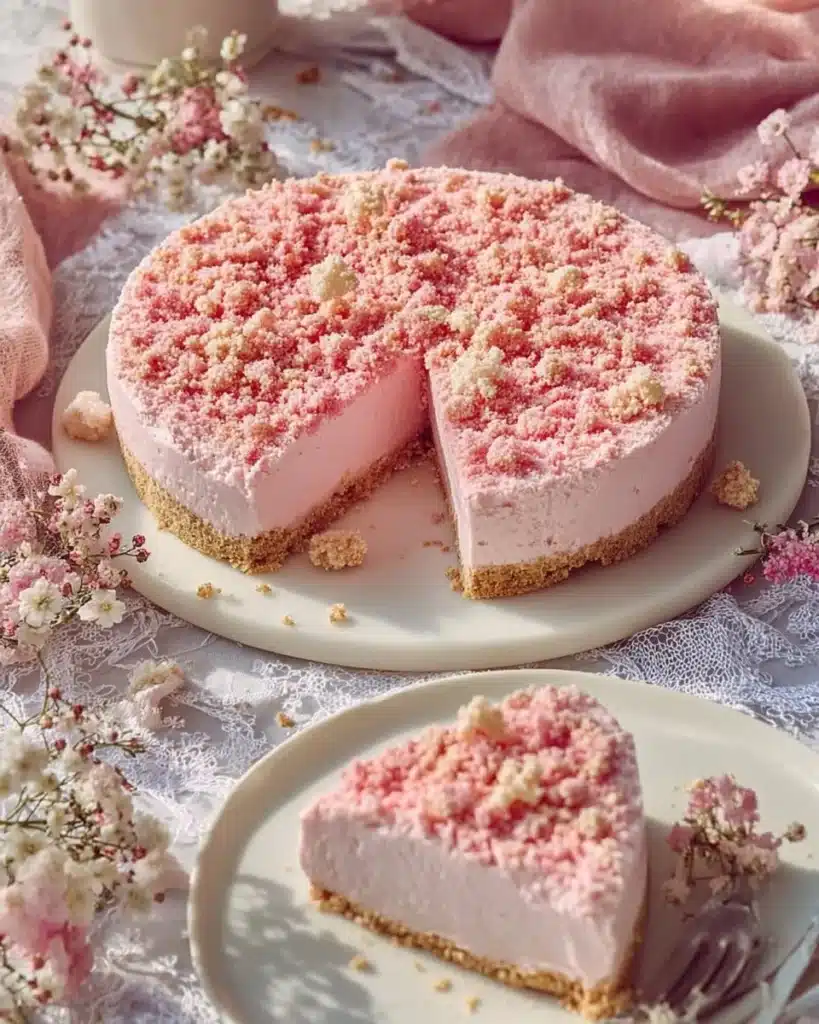 Delicious homemade Strawberry Shortcake Freezer Pie ready to serve.