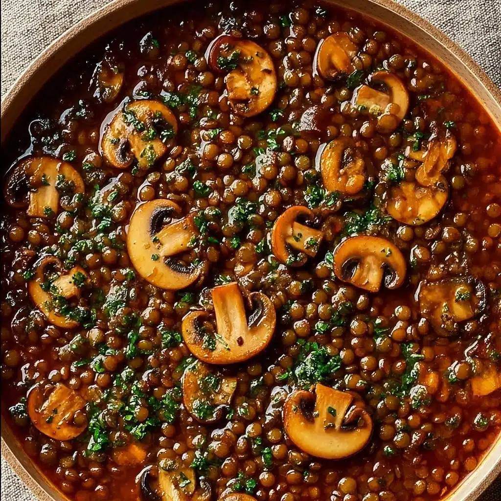 A bowl of vegan lentil mushroom stew garnished with fresh herbs